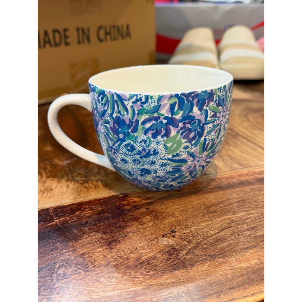 Lilly Pulitzer Ceramic Coffee Mug Cup Blue Floral Hand-Painted